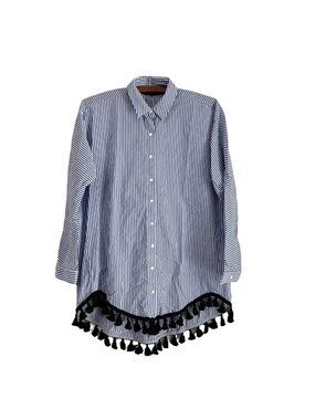 Zara Woman Blue White Striped Long Sleeve Button Shirt Tunic Tassel Hem Small